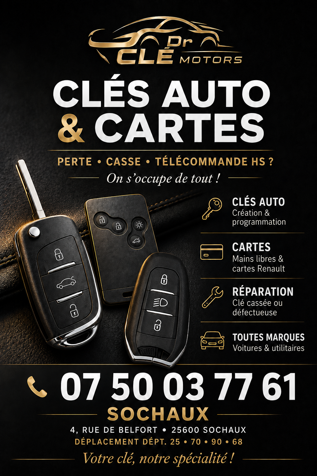 Logo DR Clé Motors doré avec silhouette automobile